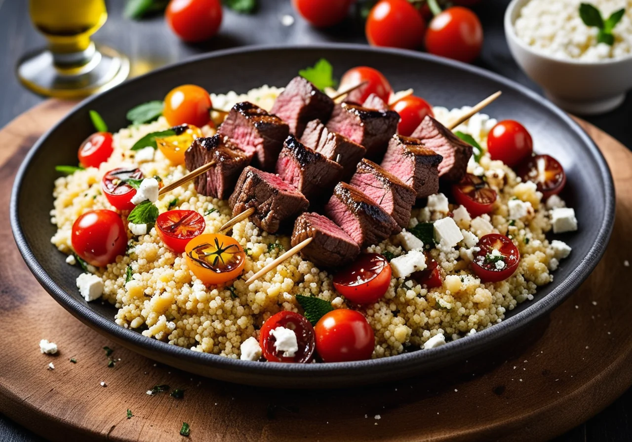 Beef Skewers and Couscous Salad with Lentils