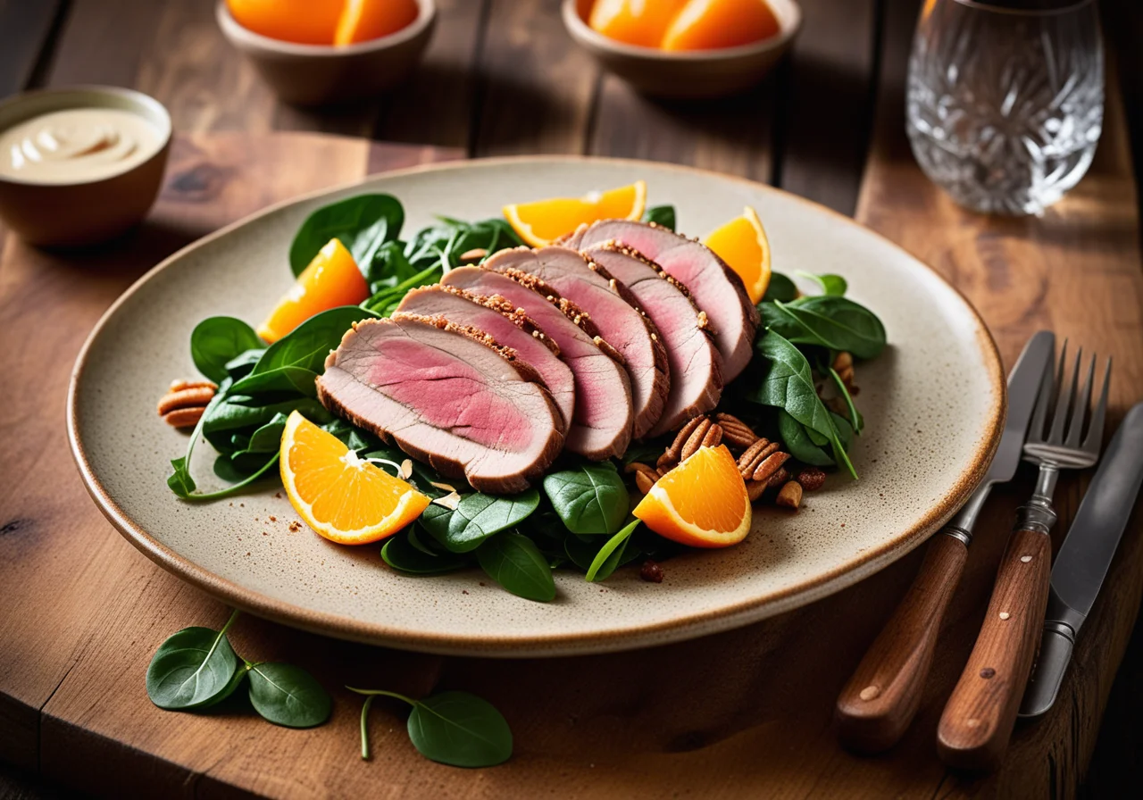 Duck breast on fruity spinach salad