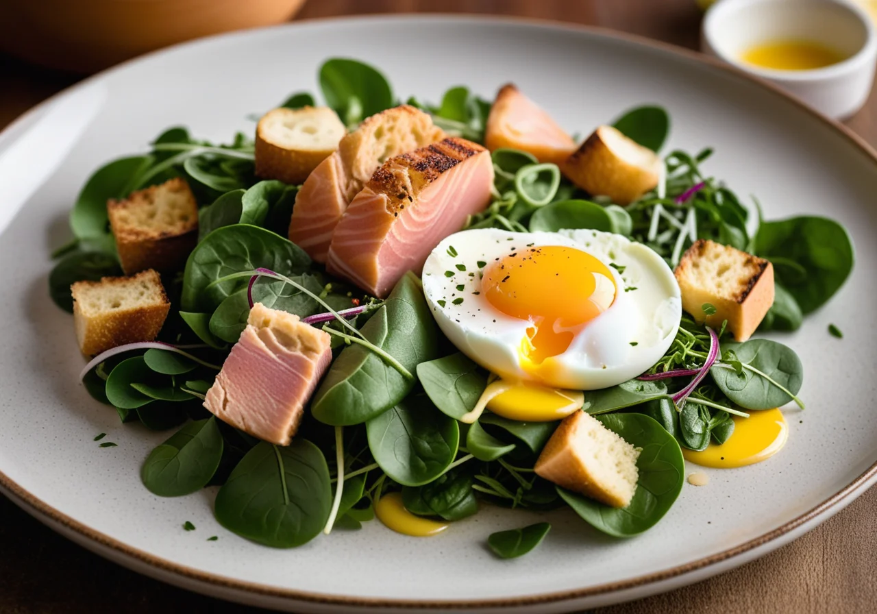Salad with Poached Egg and Salmon Ham