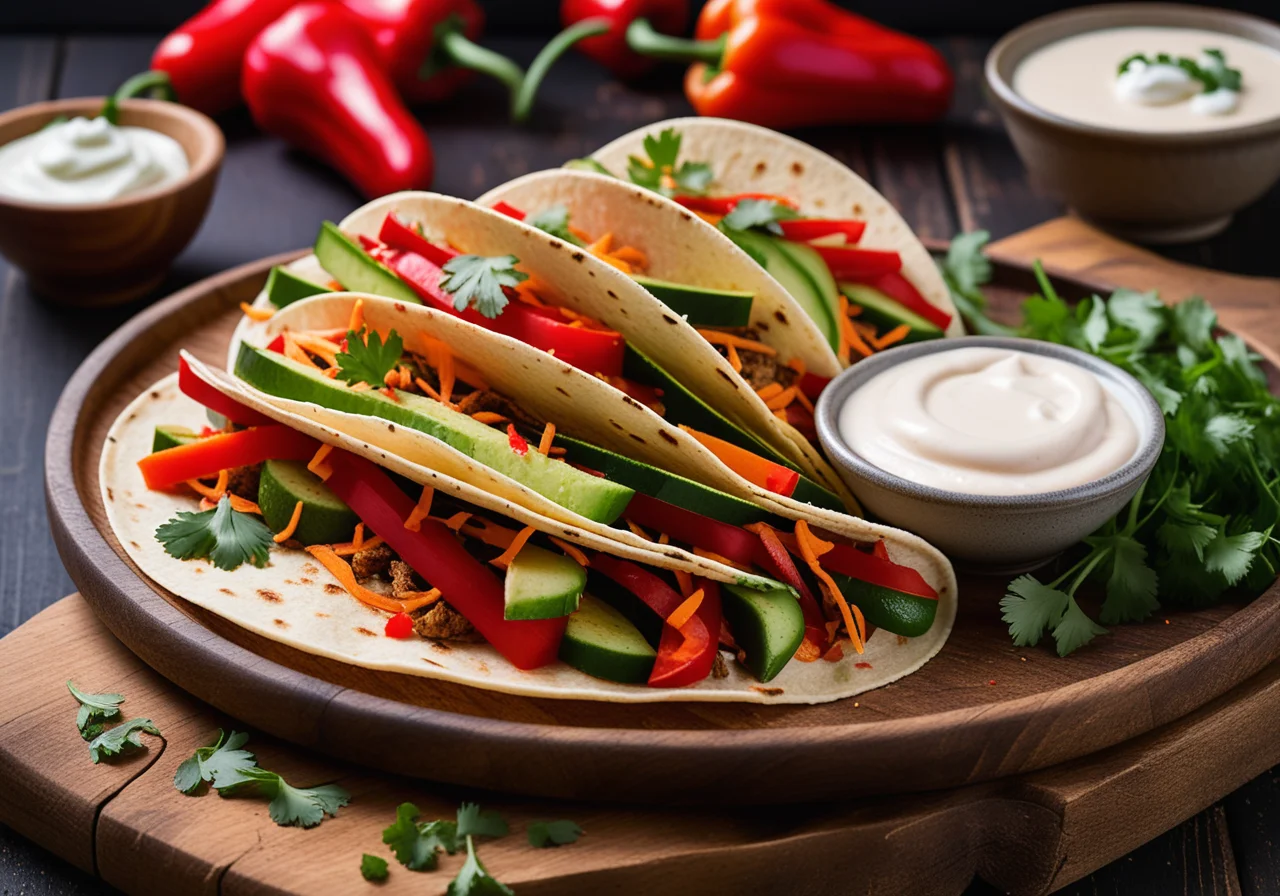 Tacos filled with vegetables and yogurt sauce