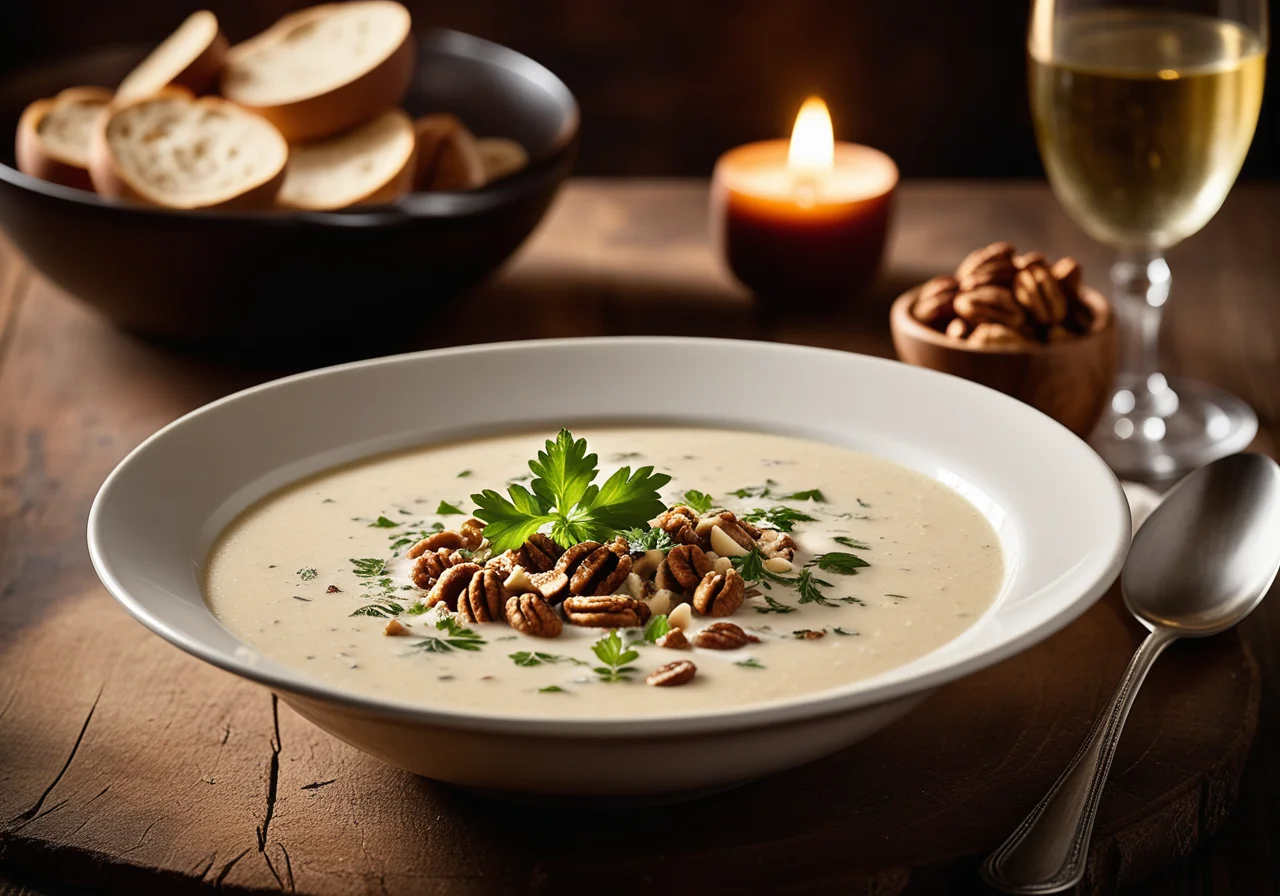 Creamy Porcini Mushroom Soup with Walnut Kernels