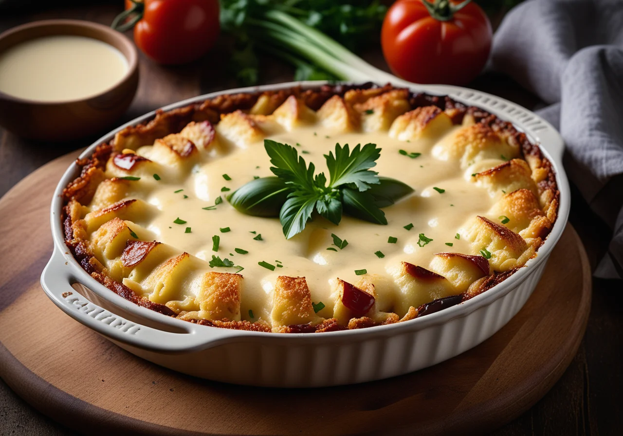 Macaroni gratin with tomatoes, eggplant and mushrooms