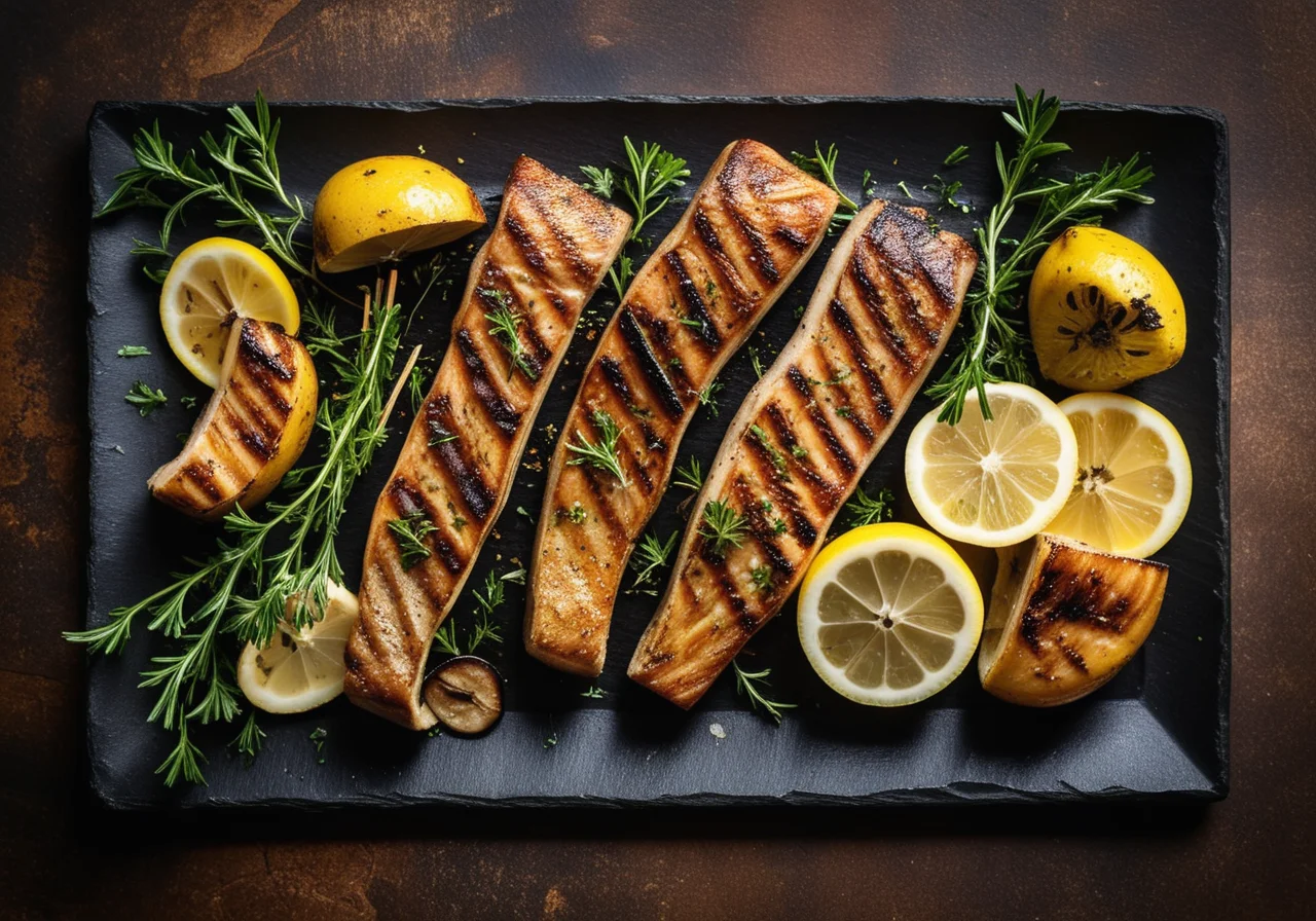Grilled Trout with Potato and Mushroom Skewers