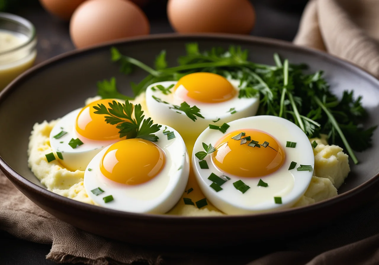 Soft Eggs with Mashed Potatoes and Herb Sauce