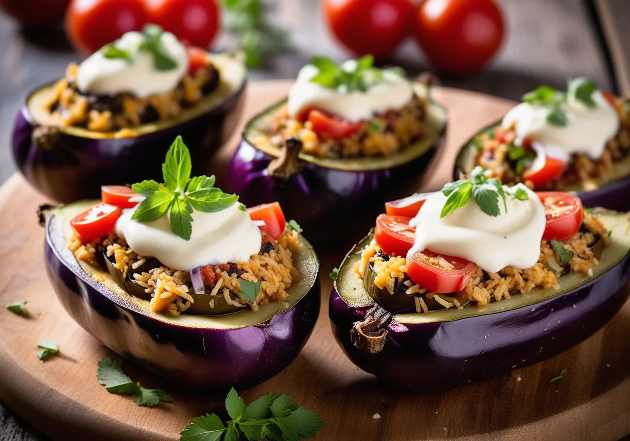 Stuffed Eggplant Boats with Rice and Tomatoes
