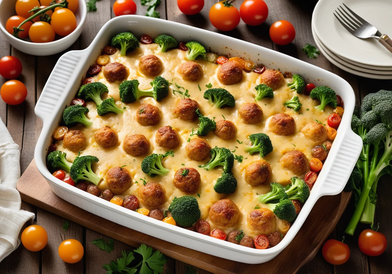 Potato Casserole with Broccoli, Tomatoes and Meatballs