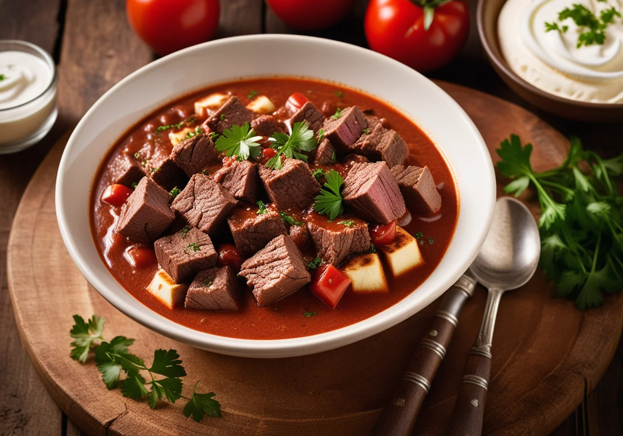 Gulaschsuppe mit Sauerrahm