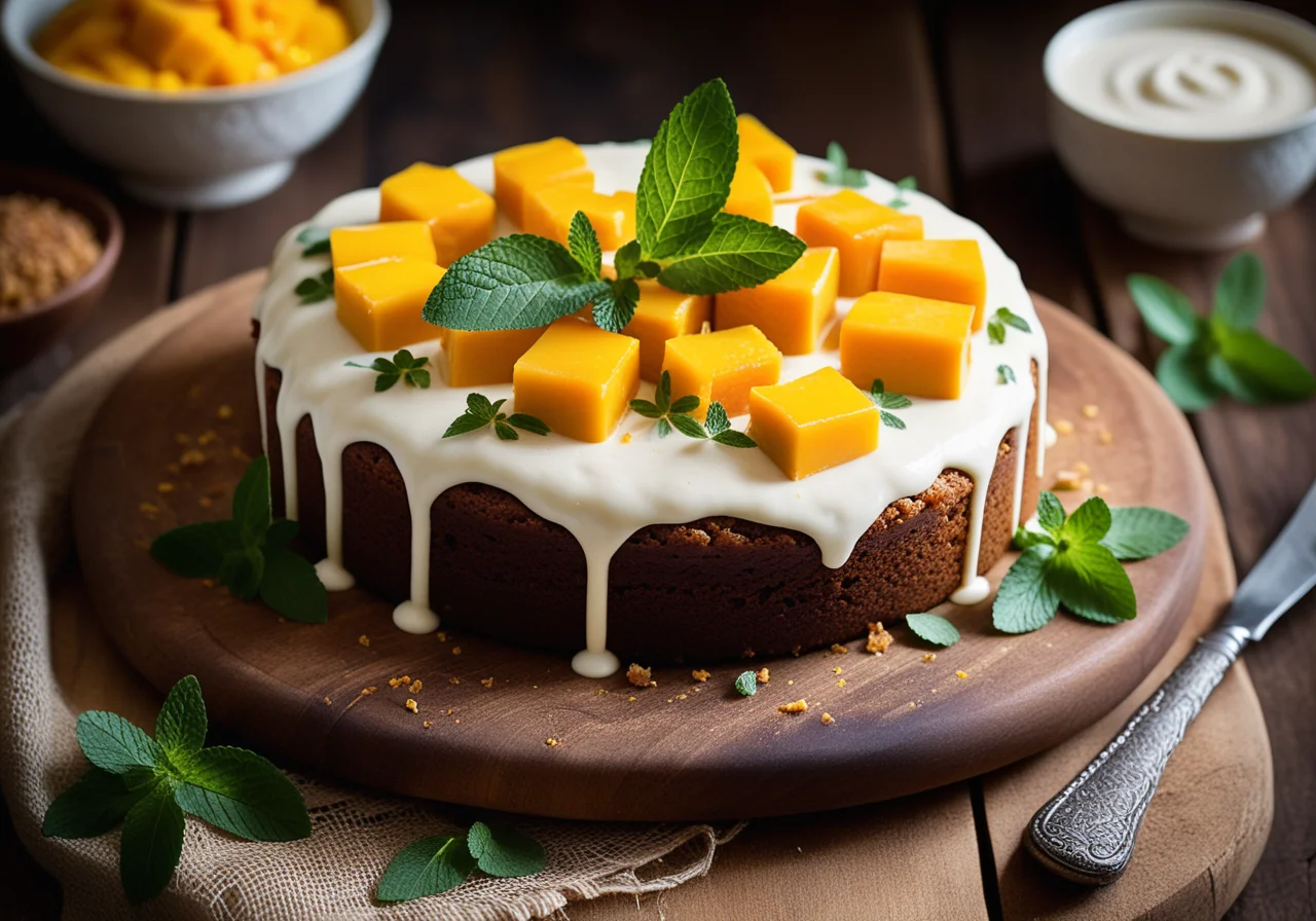 Carrot Cake with Egg, Mango and Quark Topping