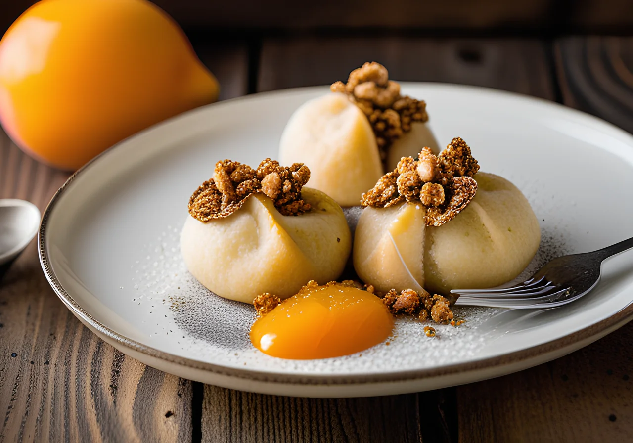 Apricot Dumplings with Spiced Crumbs and Poppy Seed Cream