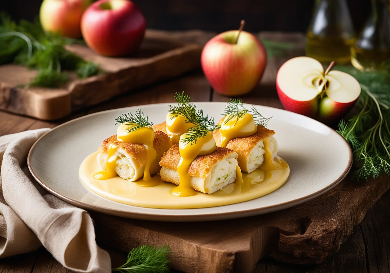 Fischröllchen mit Safran und Apfelstücken