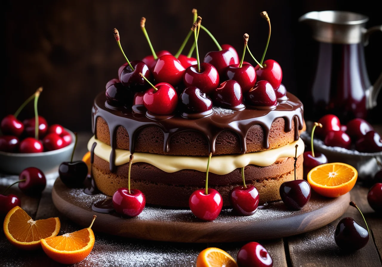 Orange Mulled Wine Cake with Cinnamon Cherries