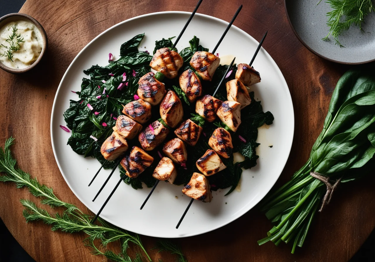 Grilled Chicken Skewers with Swiss Chard