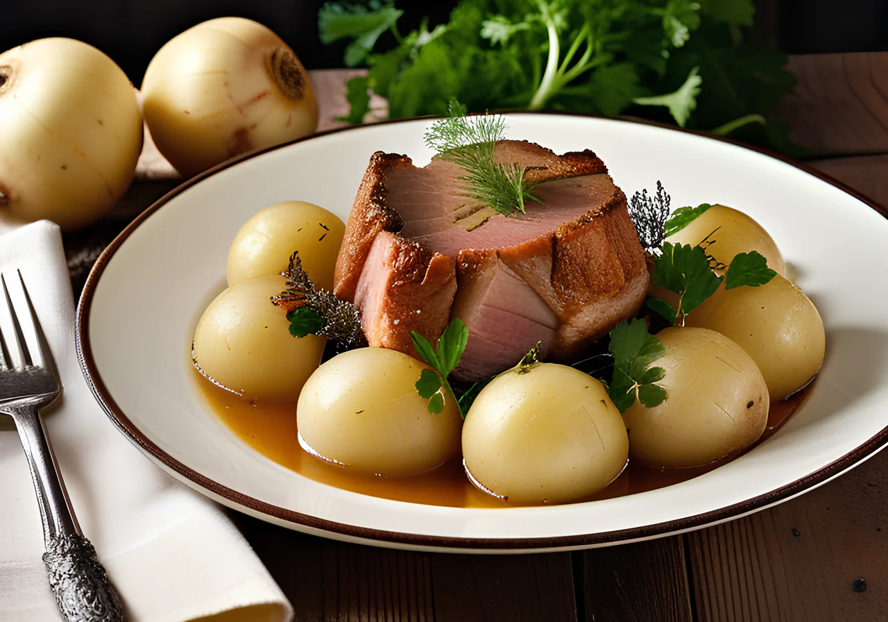 Pork Knuckle with Turnips and Potatoes
