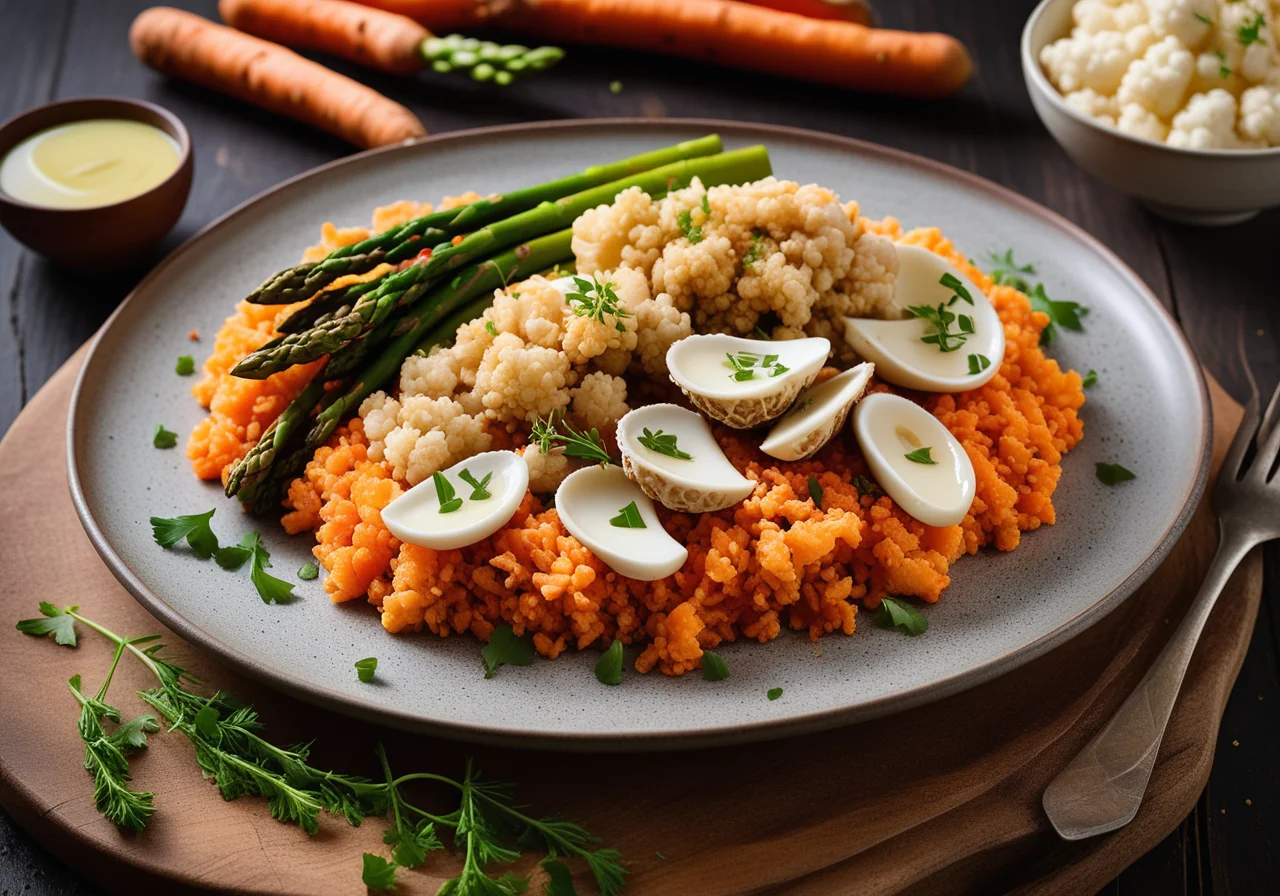 Breaded Mushrooms with Red Rice and Vegetables