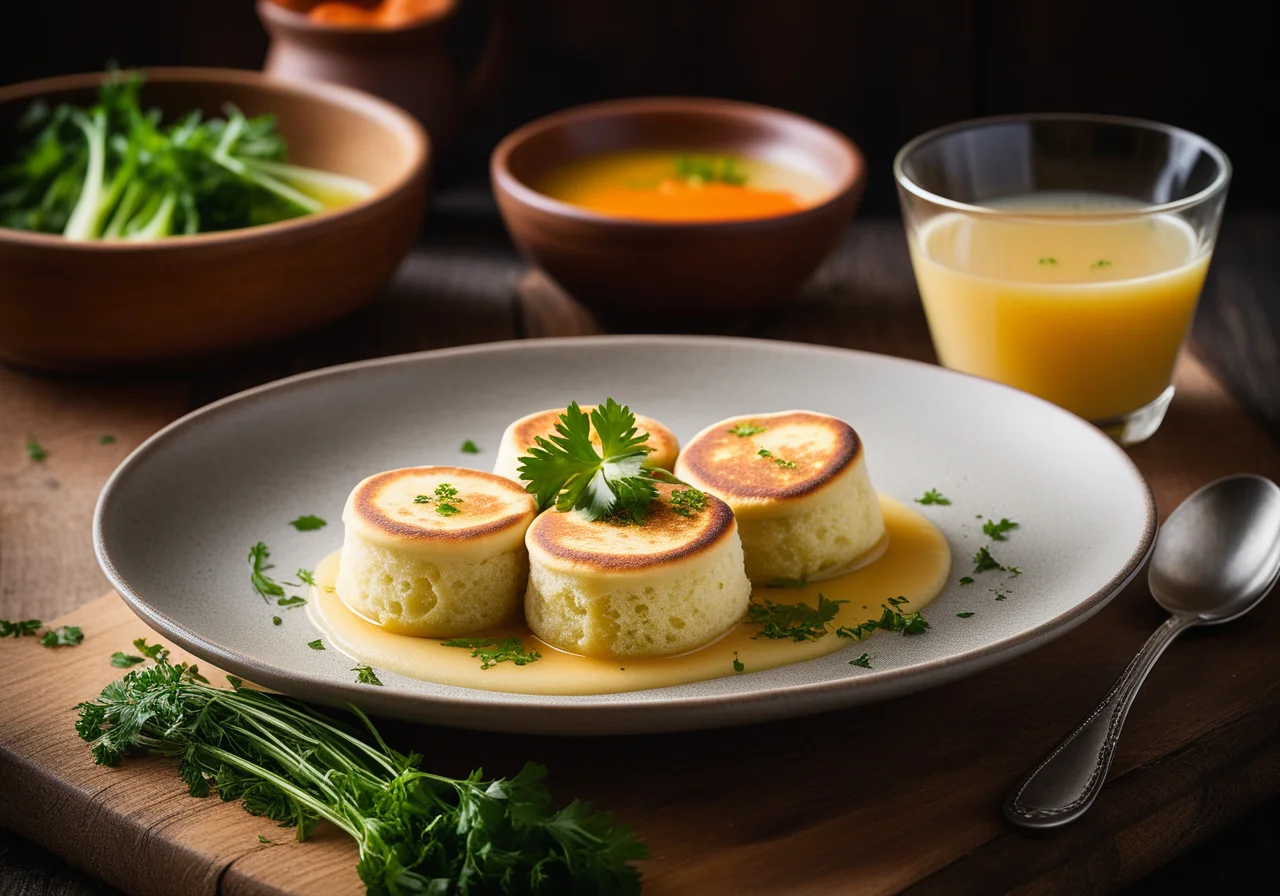 Chicken Broth with Herb Pancake Rolls and Vegetable Julienne