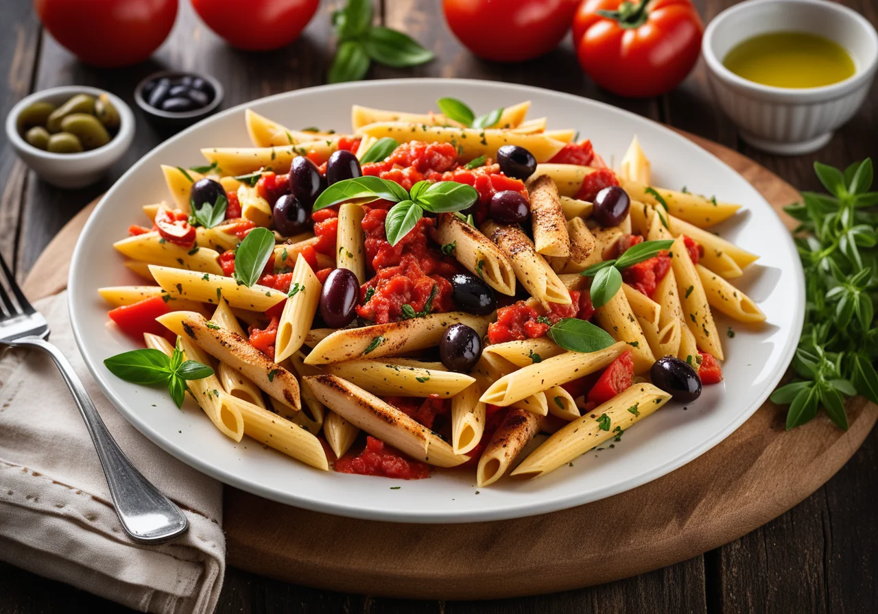 Pasta with Chicken Tomato Sauce and Bell Peppers