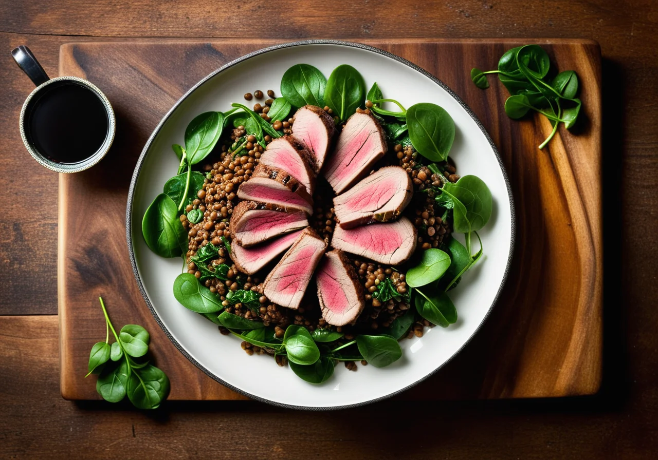 Baby Spinach and Lentil Salad with Grilled Lamb Rack Fillet