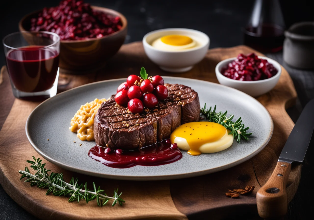 Venison Steaks with Rosehip Sauce and Chestnut Spätzle