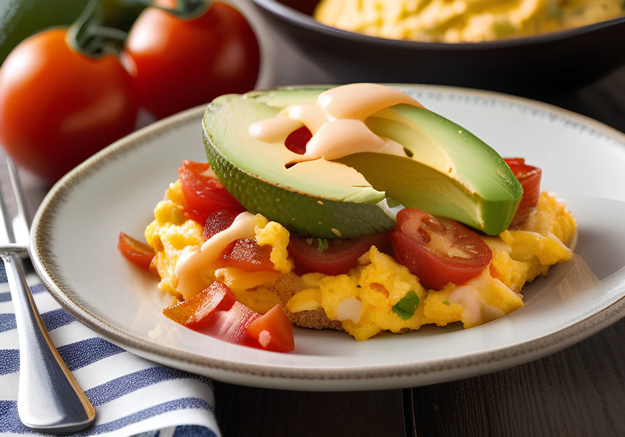 Tomato Scrambled Eggs with Avocado and Cheese
