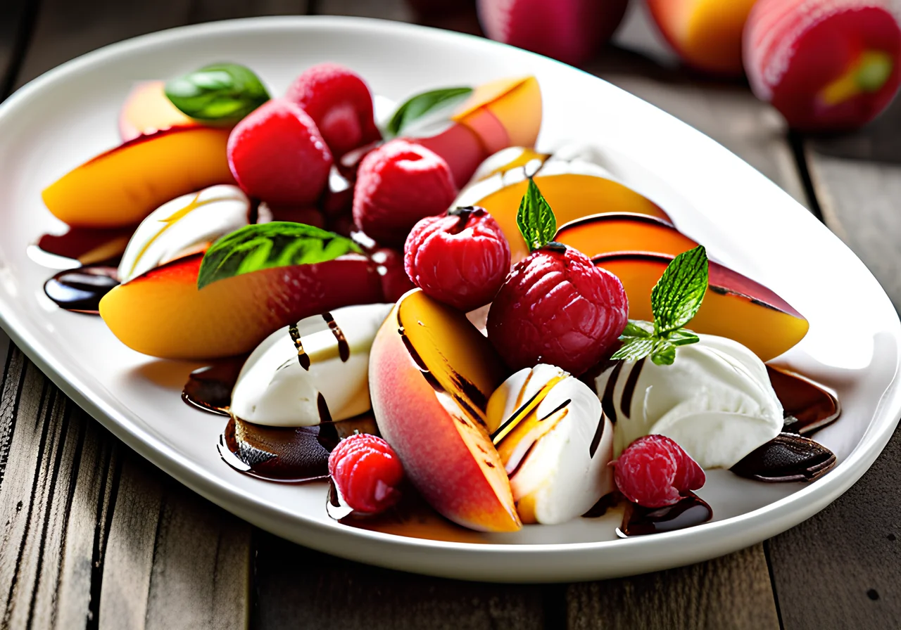 Tomato Salad with Peaches, Raspberries, and Burrata
