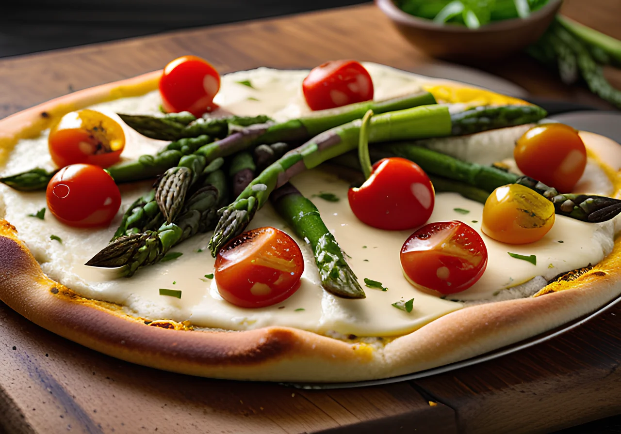 Pizza with Green Asparagus and Cherry Tomatoes