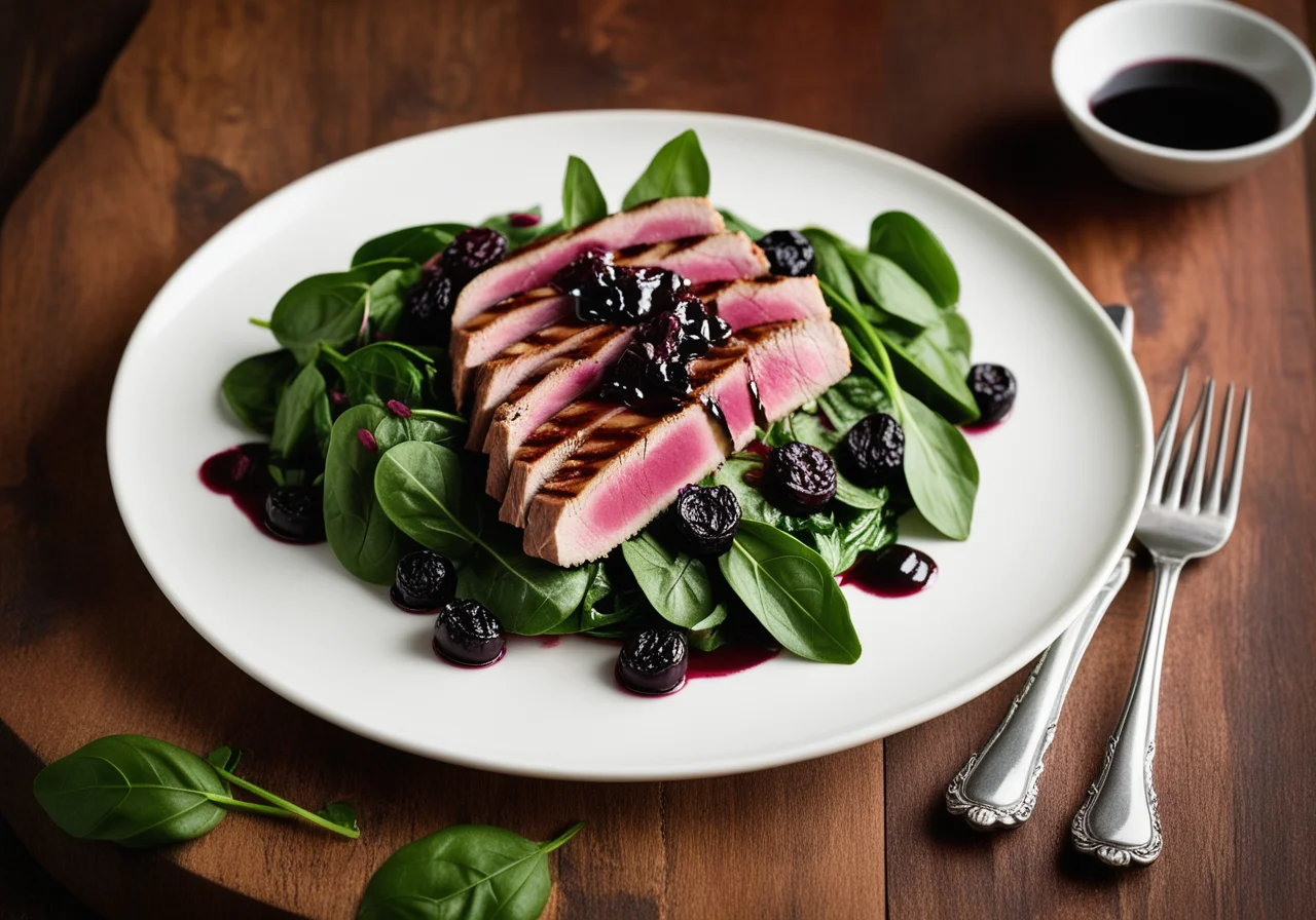 Grilled Tuna Steak on Leaf Spinach