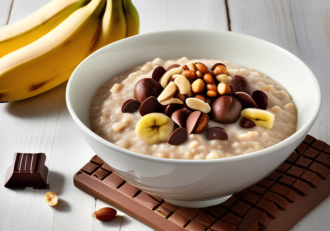 Porridge with Banana, Chocolate and Peanuts