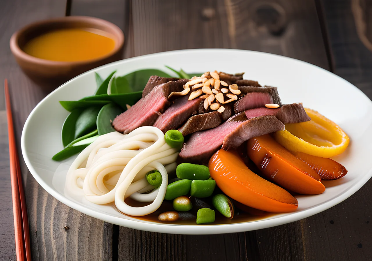 Udon Noodles with Beef and Honey Carrots