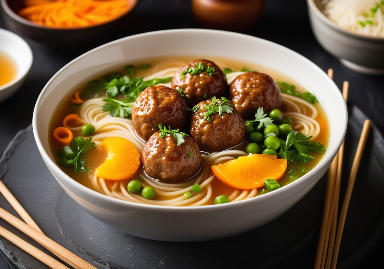Noodle Soup with Vegetables and Meatballs