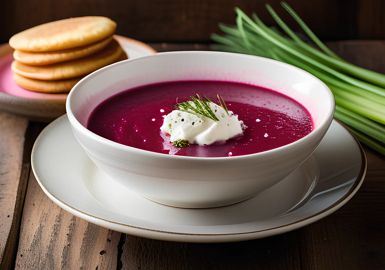 Beetroot Soup with Goat Cheese and Pancakes