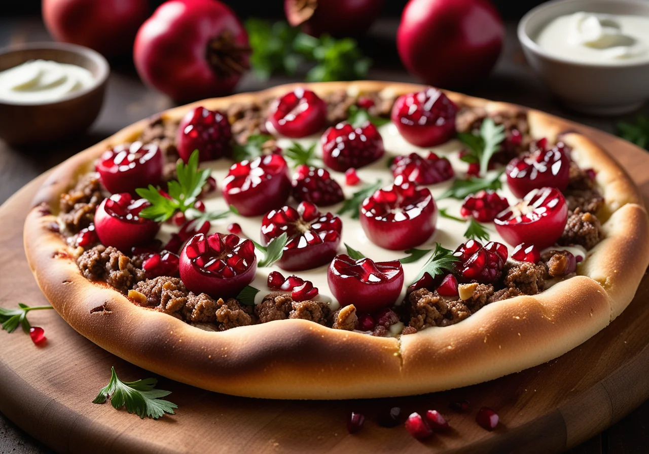 Ground Beef Pizza with Pomegranate Seeds