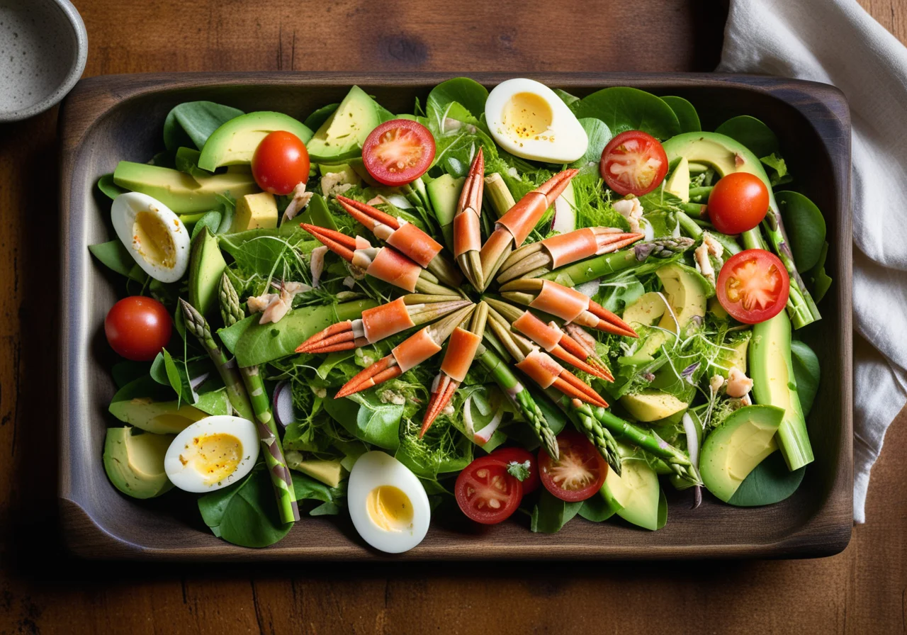 Asparagus Salad with River Crabs, Eggs and Avocado
