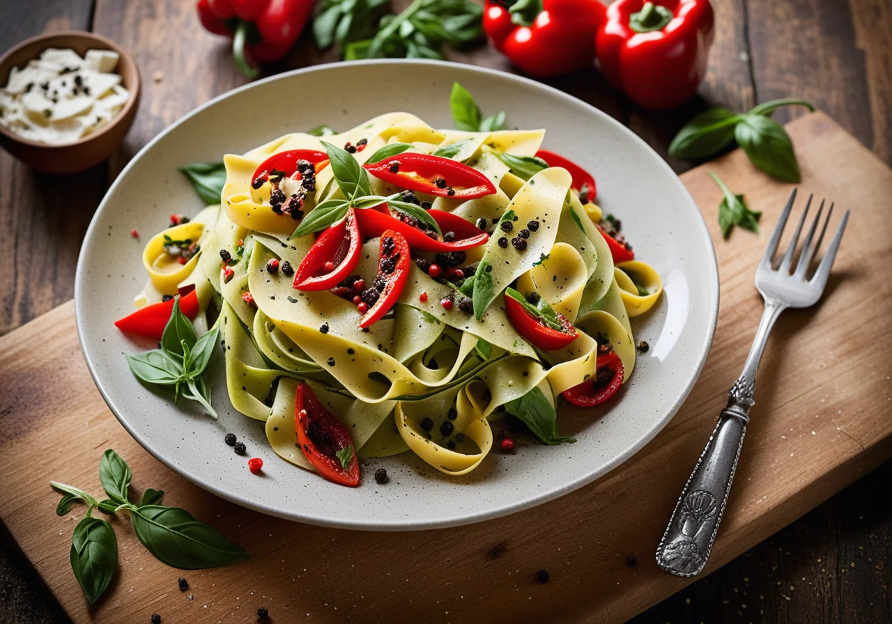 Green Tagliatelles with Arugula, Goat Cheese and Grilled Bell Peppers