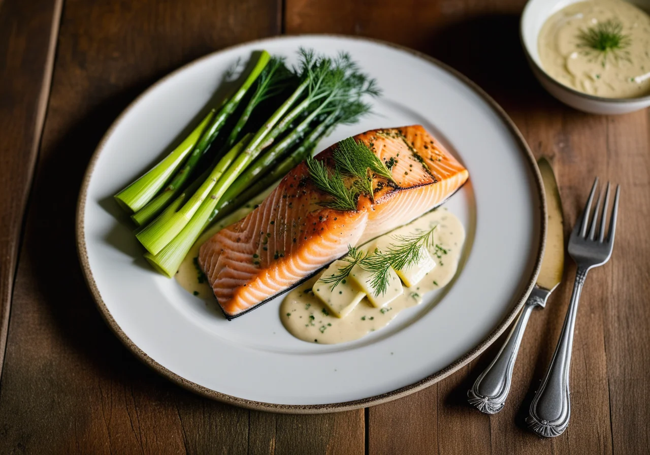 Salmon on Leek with Mustard-Dill Sauce