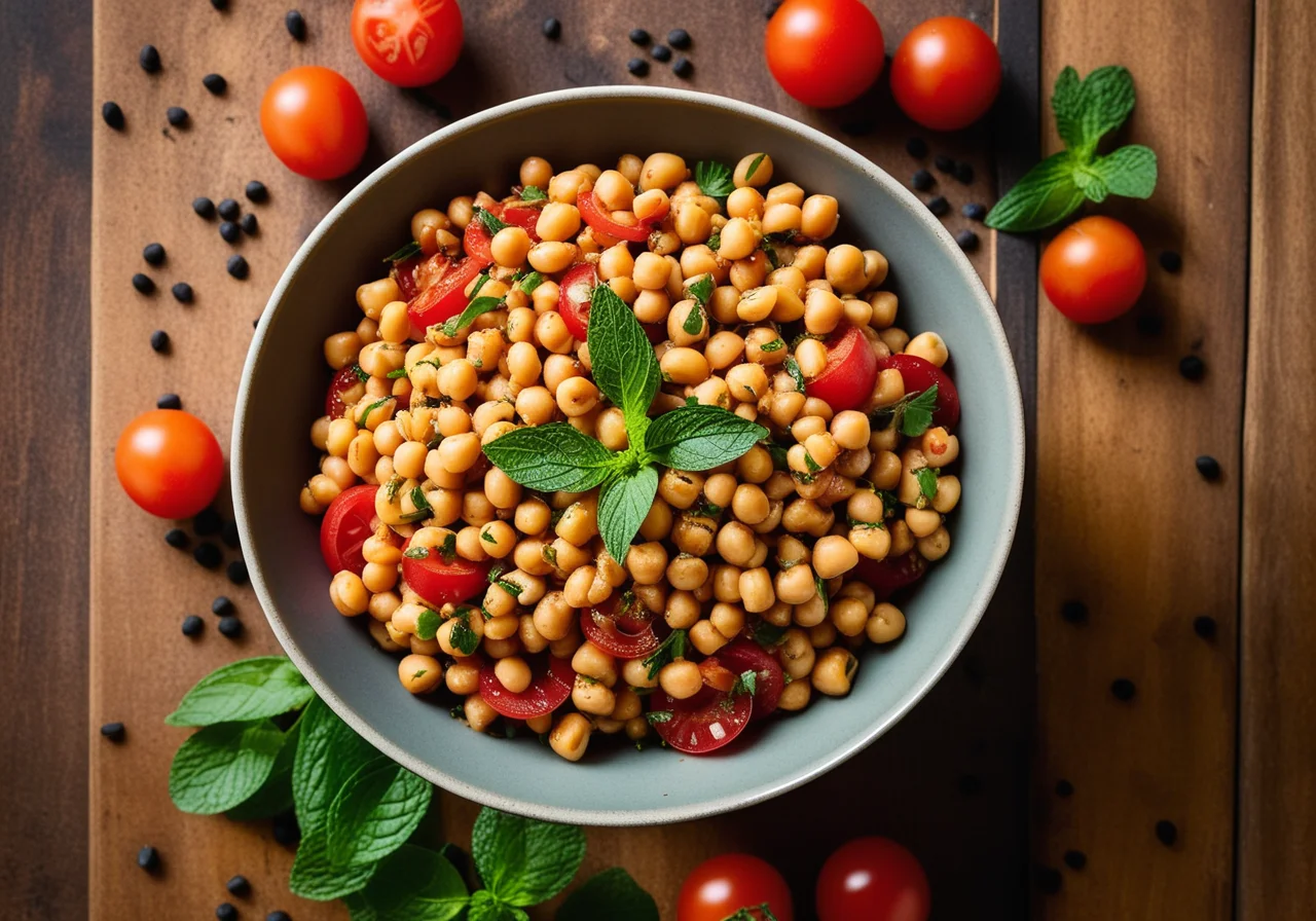 Chickpea Salad with Tomatoes, Beans, Onions and Mint