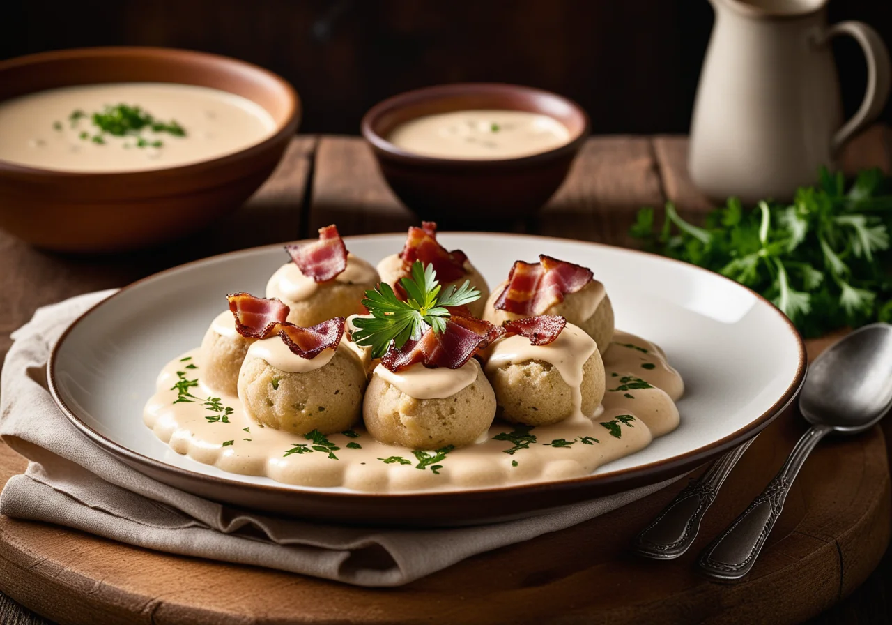Bread Dumplings with Creamy Bacon Sauce