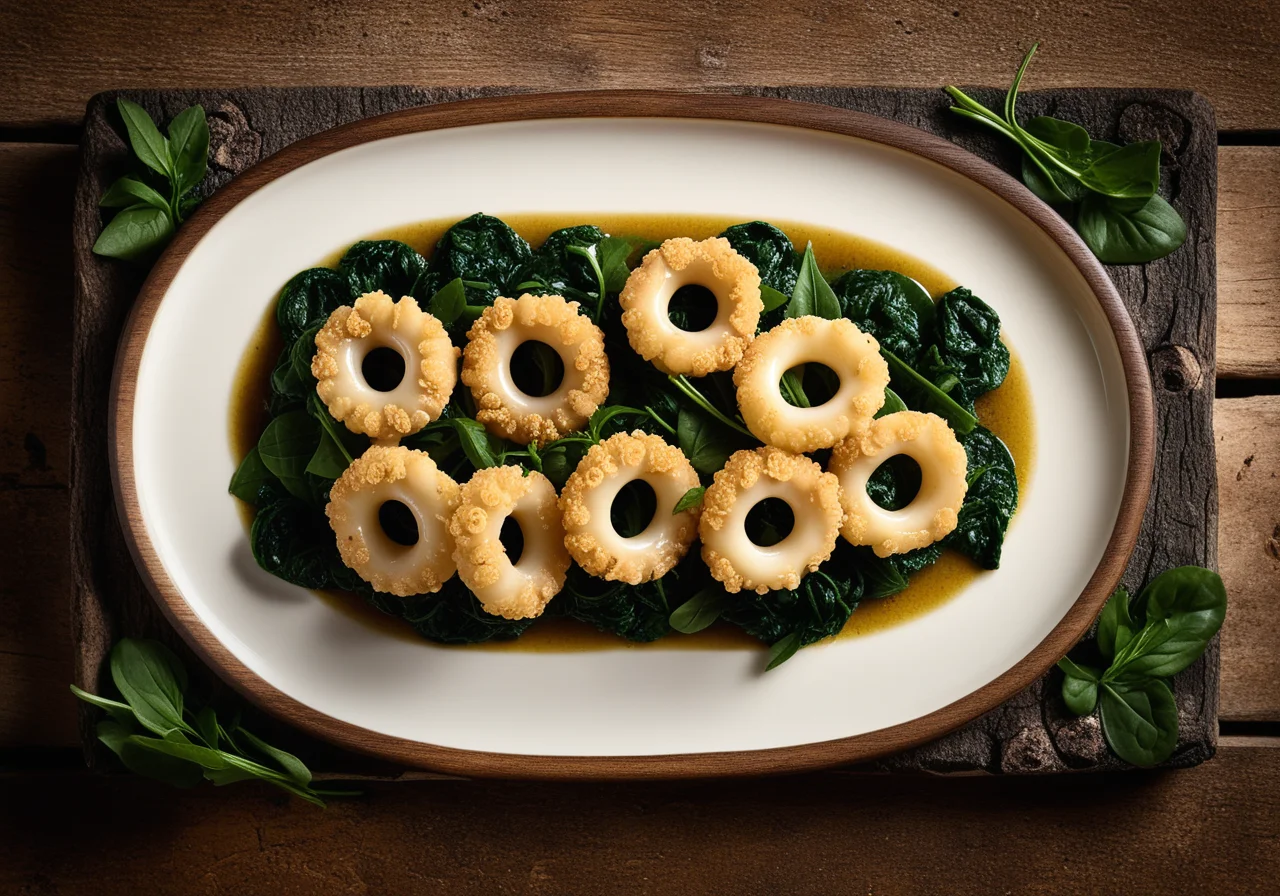 Calamari with Olive-Spinach Filling, Sliced into Rings