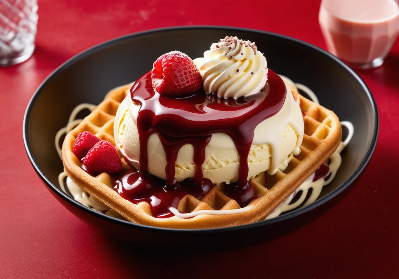 Spaghetti Ice Cream with Strawberry Sauce and White Chocolate Shavings