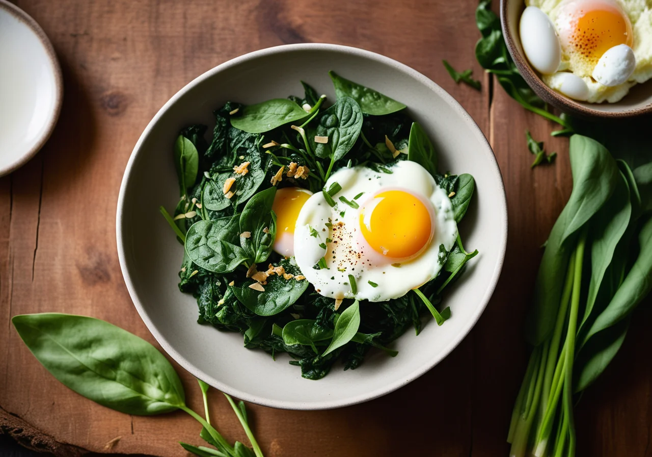 Baked Poached Eggs on Creamy Wild Garlic Spinach