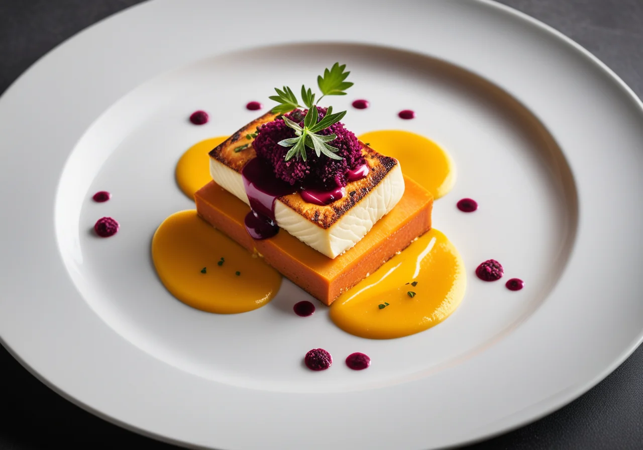 Cod fillet with sweet potato purée and beetroot sauce