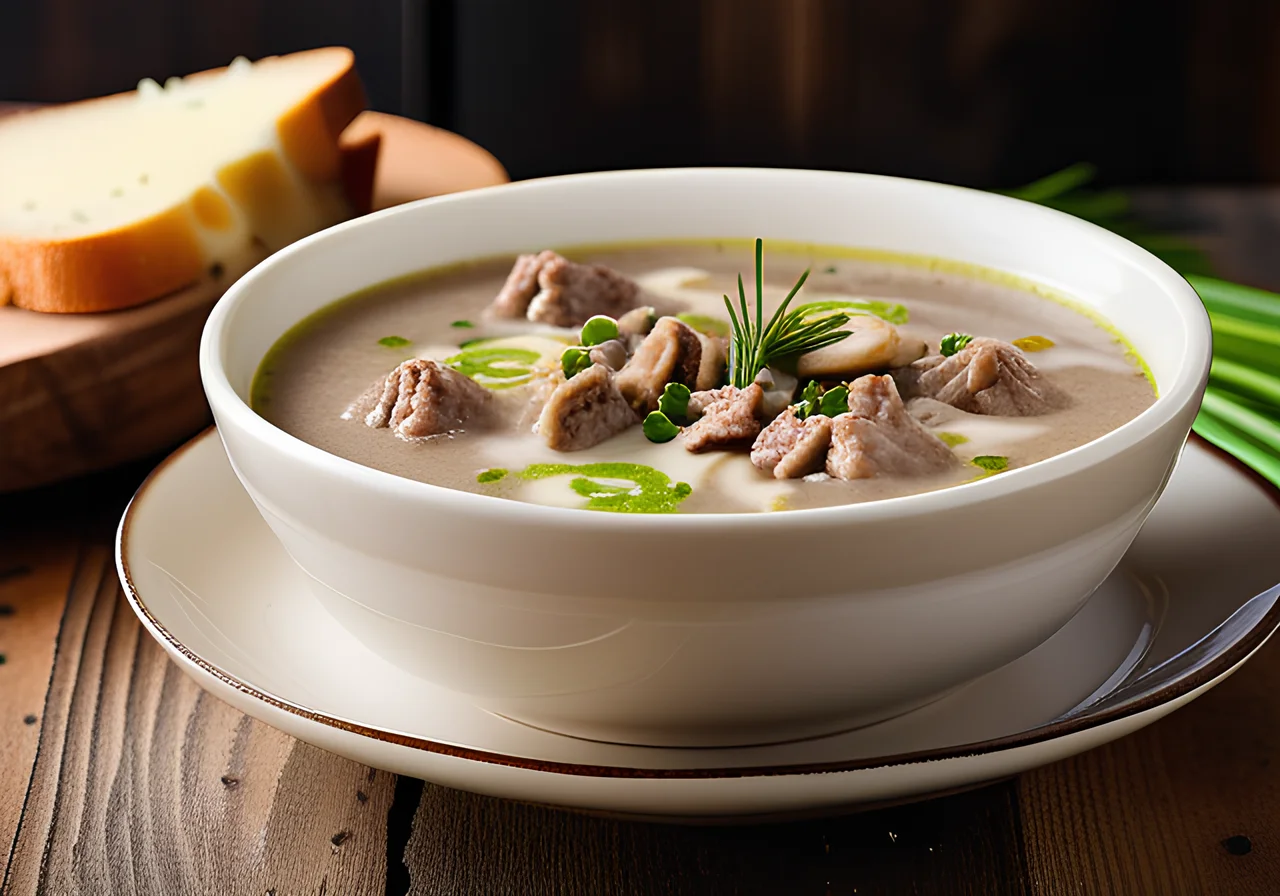 Ground Meat Mushroom Soup with Leeks and Processed Cheese