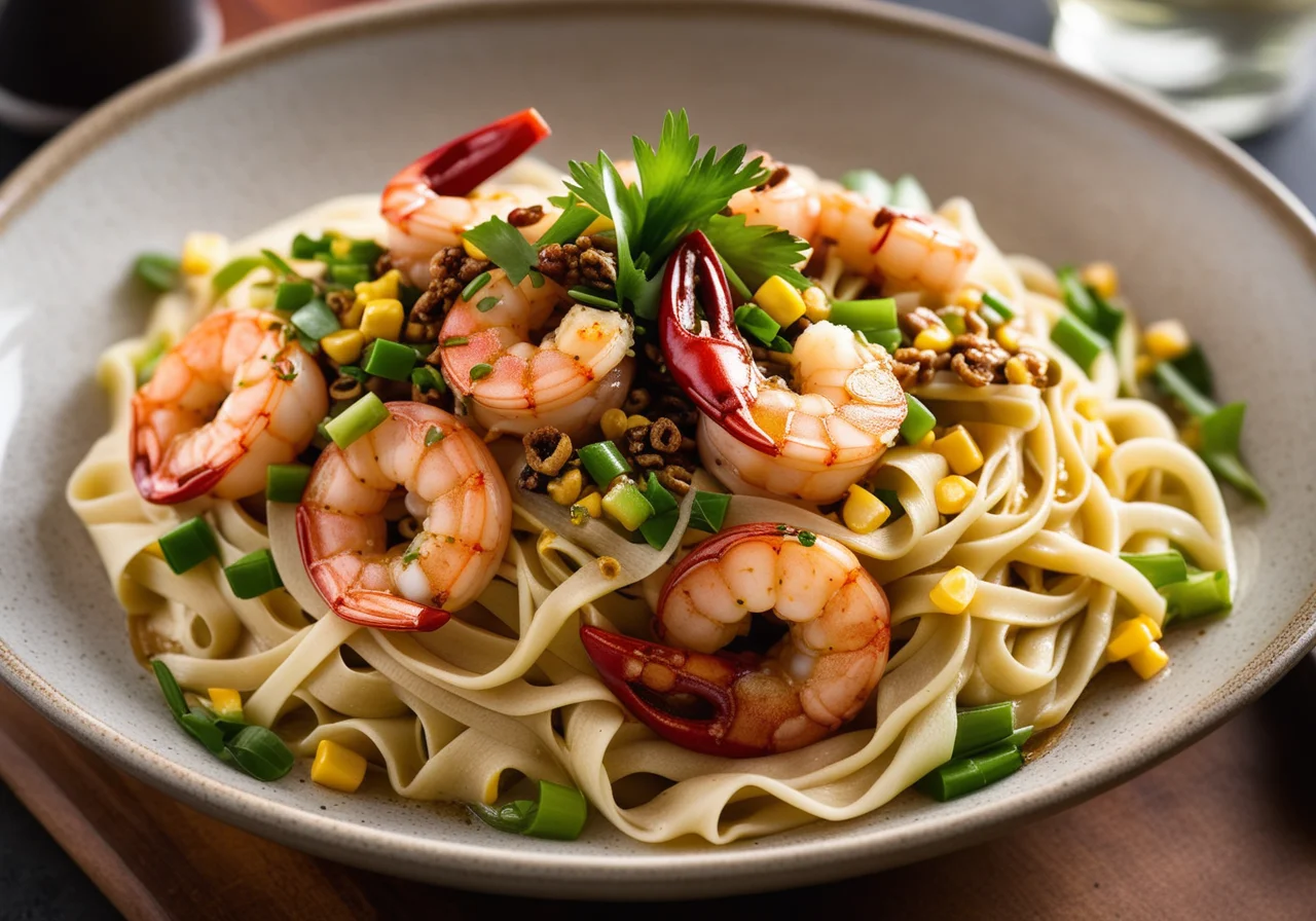 Chili Shrimp with Leek, Corn and Egg Noodles