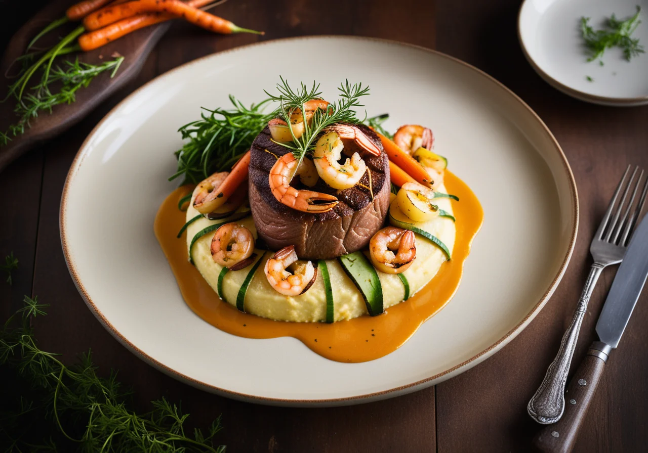 Beef Fillet with Shrimp, Braised Onion and Potato Herb Purée