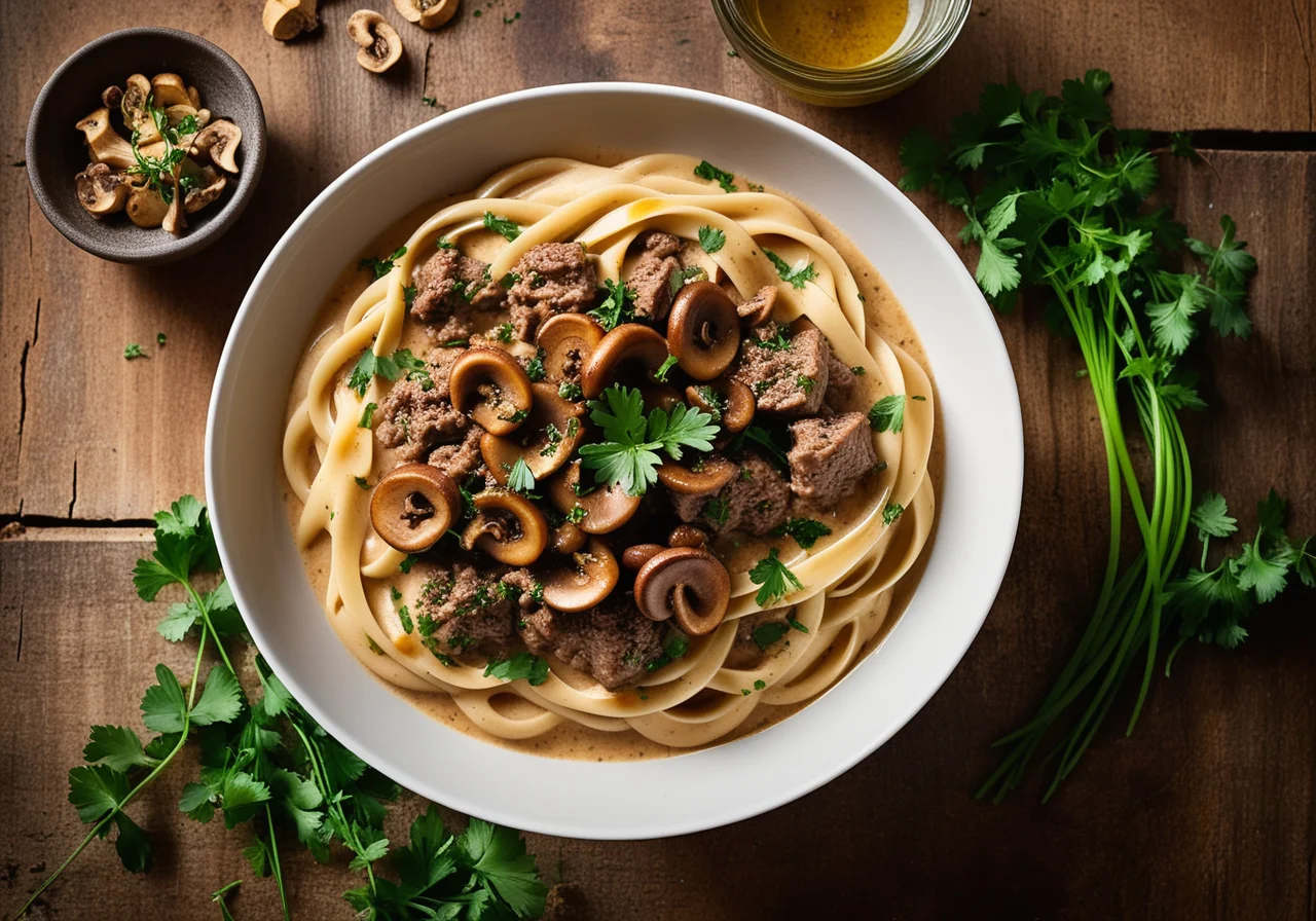 Wide Noodles with Chanterelles and Wild Boar Ground Meat