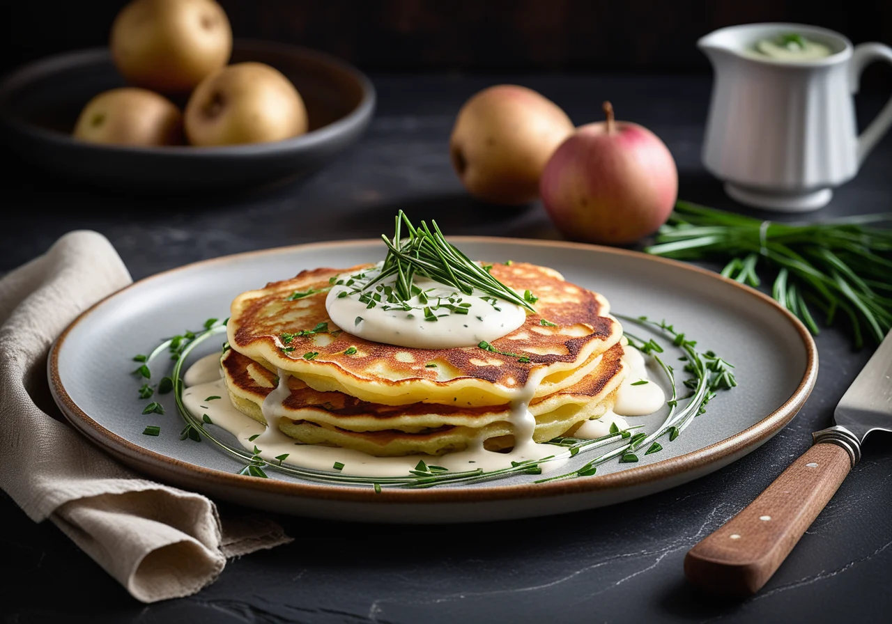 Potato Apple Onion Pancakes with Chives Cream