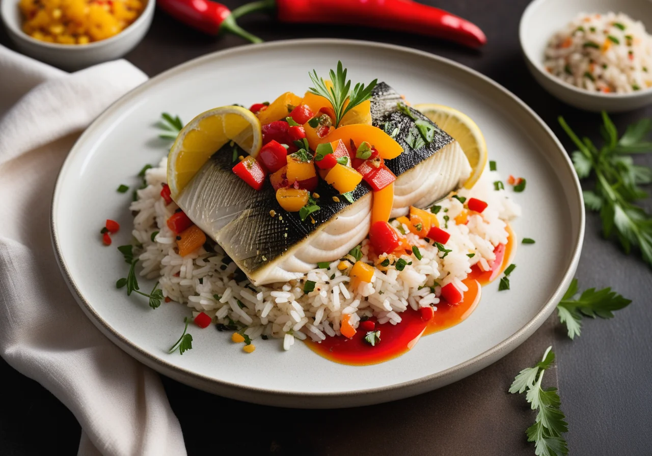 Steamed Fish with Paprika Salsa and Wild Rice