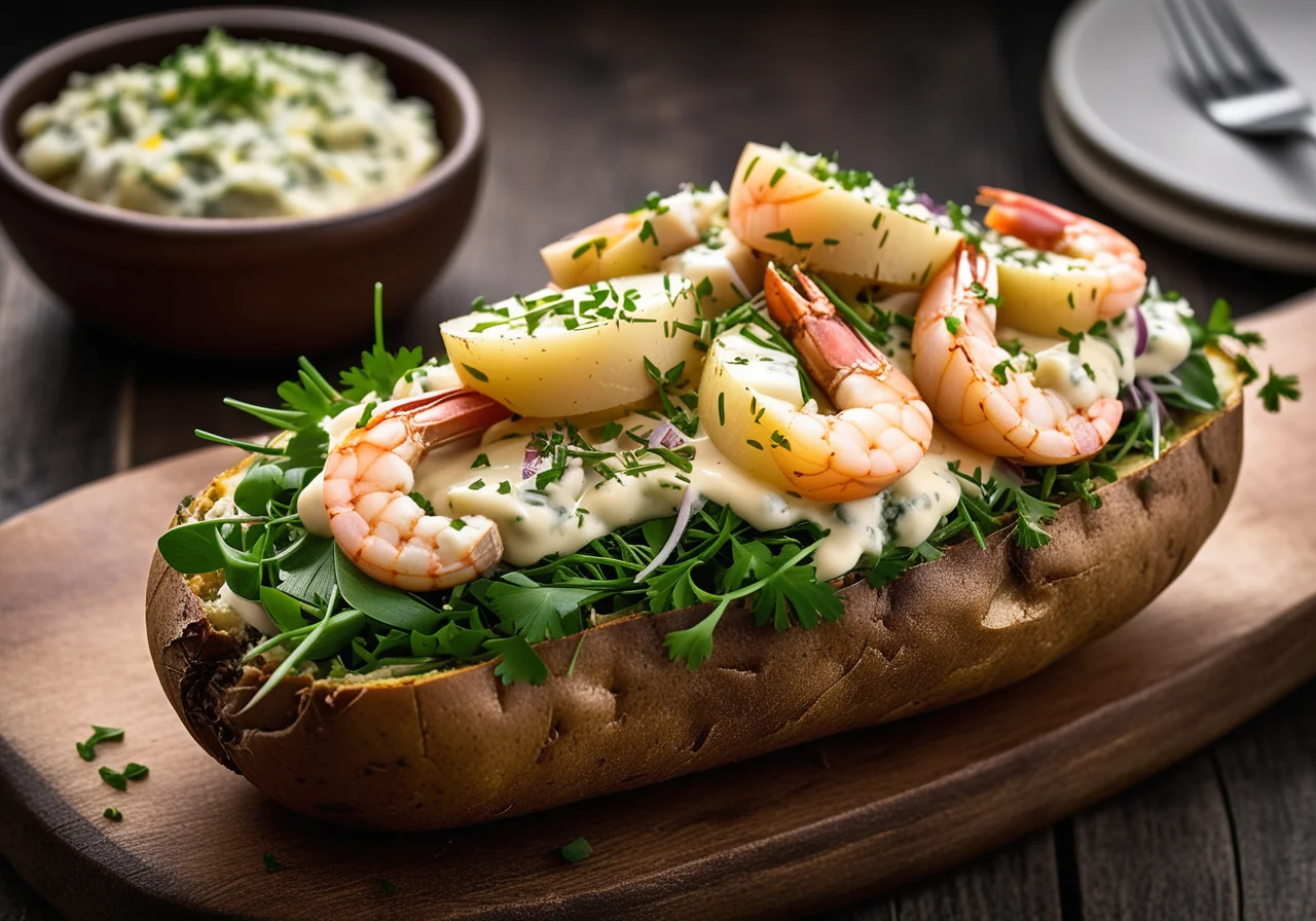 Stuffed baked potatoes with herring shrimp salad