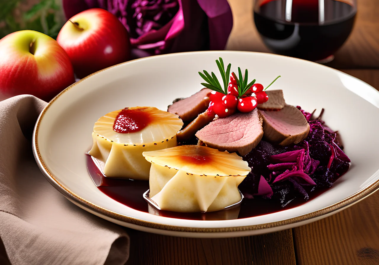 Sour Roast Beef with Red Wine Sauce and Dumplings