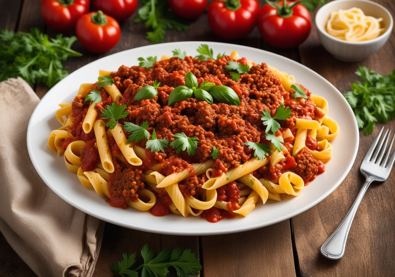 Spiral Pasta with Spicy Bolognese and Cheese