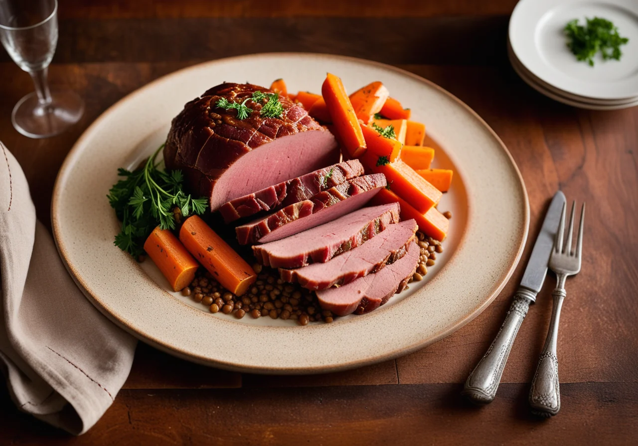 Lentil Vegetable with Ham Roast and Pears